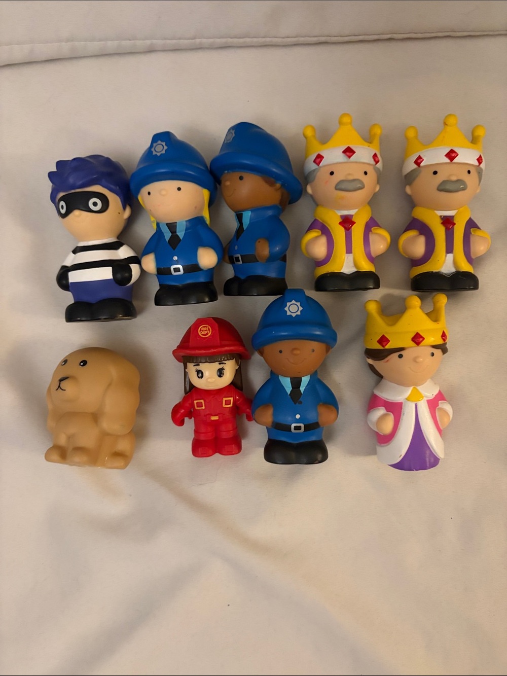 Colorful Role-Play Figure Set — Blue, Yellow, Red, Purple & Tan Characters
